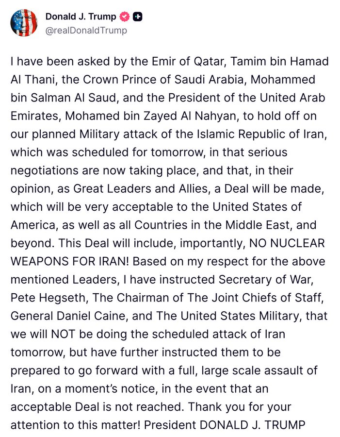 Trump Posting Holding off Iran ATTACK19V26